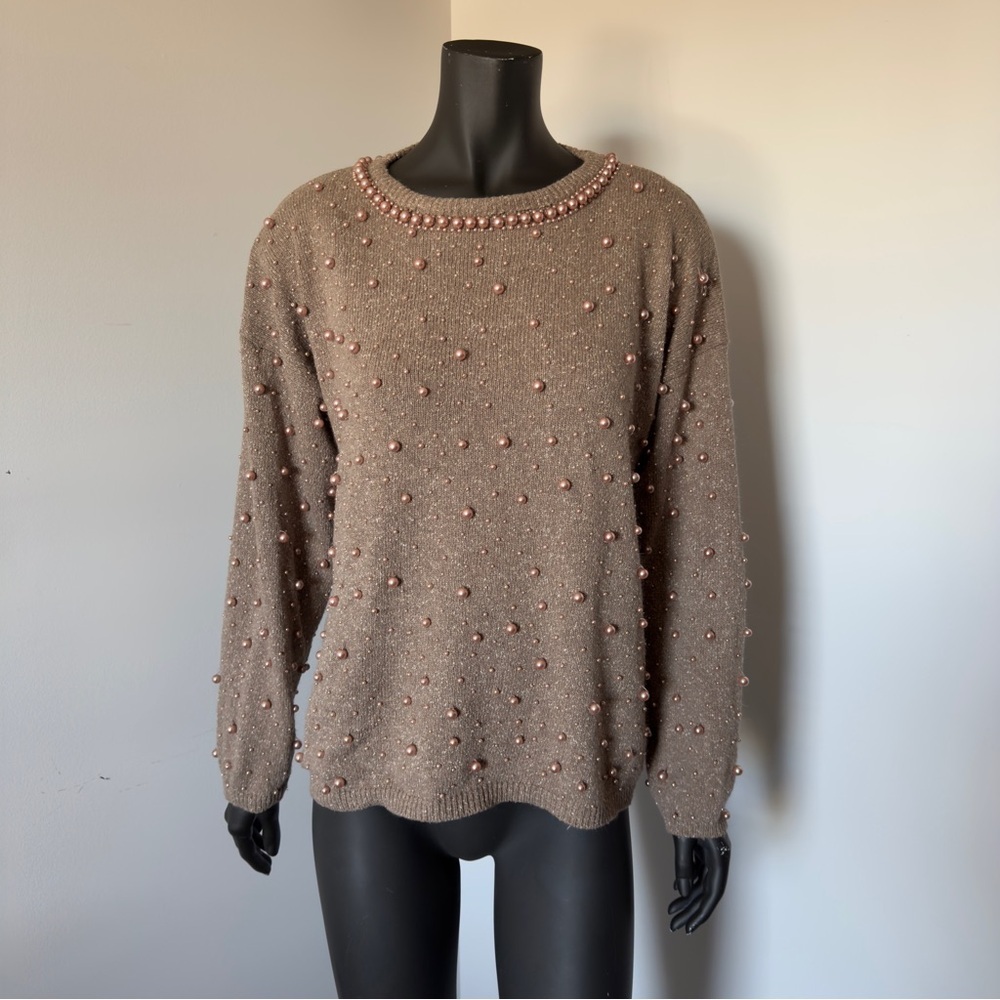 102. VTG Silk / Rabbit hair Elegant Pearl-Embellished Brown Sweater - Picture 3 of 8